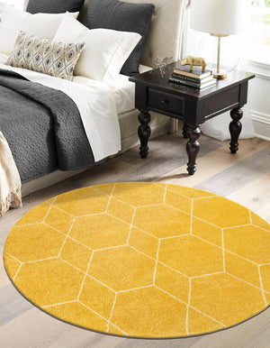Yellow 4' 1 x 4' 1 Trellis Frieze Round Area Rug Geometric Modern Unique Stain Resistant Easy Clean Carpet for Living, Dining, Bedrooms, Office for Sale at Rug Engine