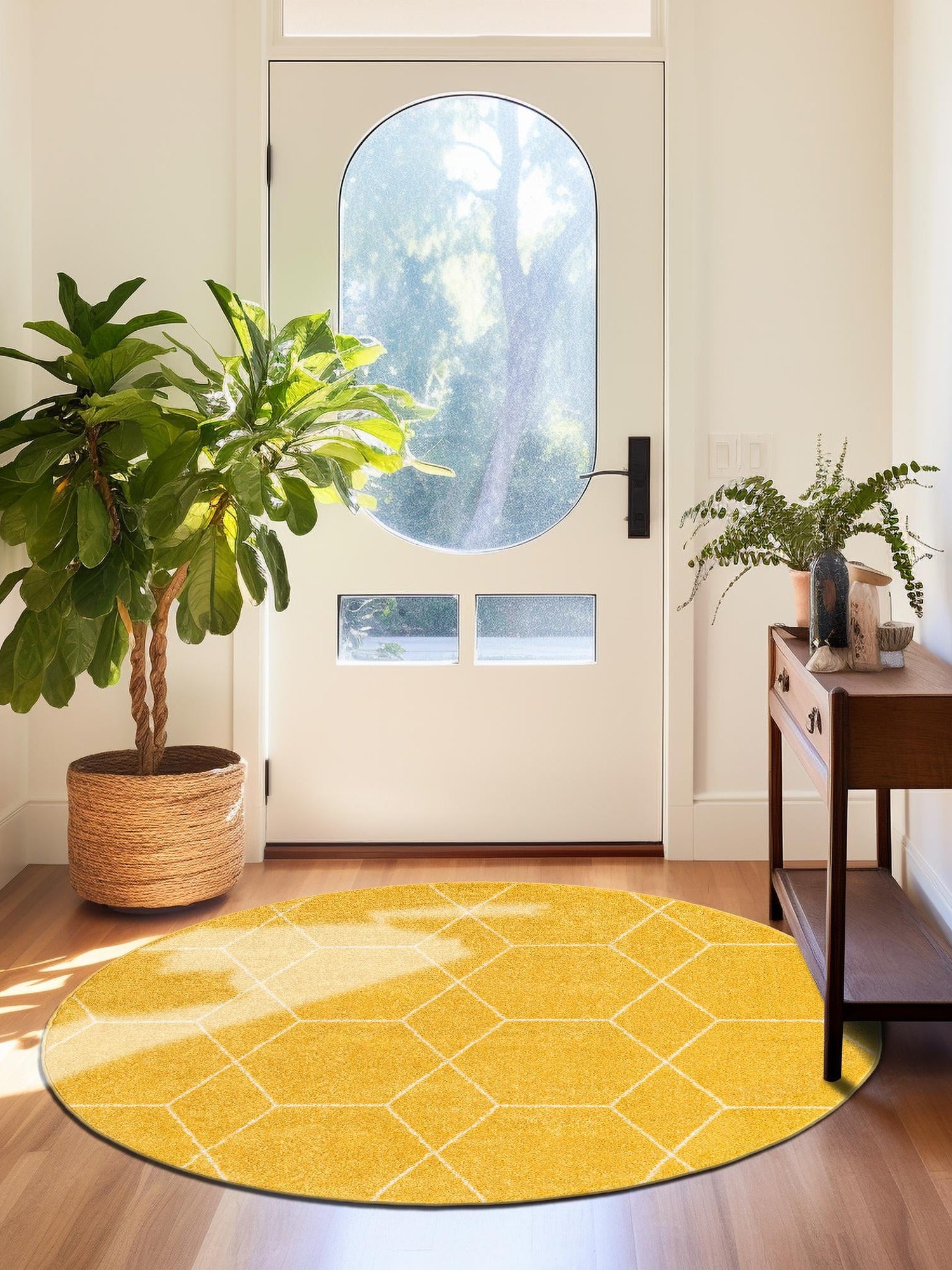Yellow 4' 1 x 4' 1 Trellis Frieze Round Area Rug Geometric Modern Unique Stain Resistant Easy Clean Carpet for Living, Dining, Bedrooms, Office for Sale at Rug Engine