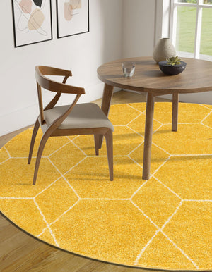 Yellow 4' 1 x 4' 1 Trellis Frieze Round Area Rug Geometric Modern Unique Stain Resistant Easy Clean Carpet for Living, Dining, Bedrooms, Office for Sale at Rug Engine
