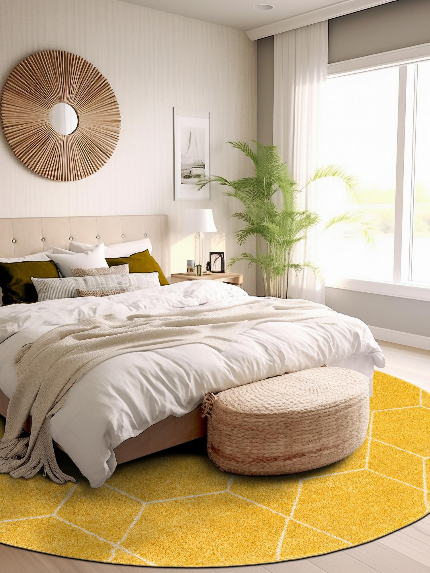 Yellow 4' 1 x 4' 1 Trellis Frieze Round Area Rug Geometric Modern Unique Stain Resistant Easy Clean Carpet for Living, Dining, Bedrooms, Office for Sale at Rug Engine