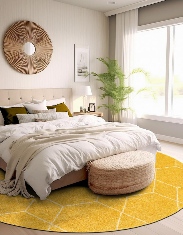Yellow 4' 1 x 4' 1 Trellis Frieze Round Area Rug Geometric Modern Unique Stain Resistant Easy Clean Carpet for Living, Dining, Bedrooms, Office for Sale at Rug Engine
