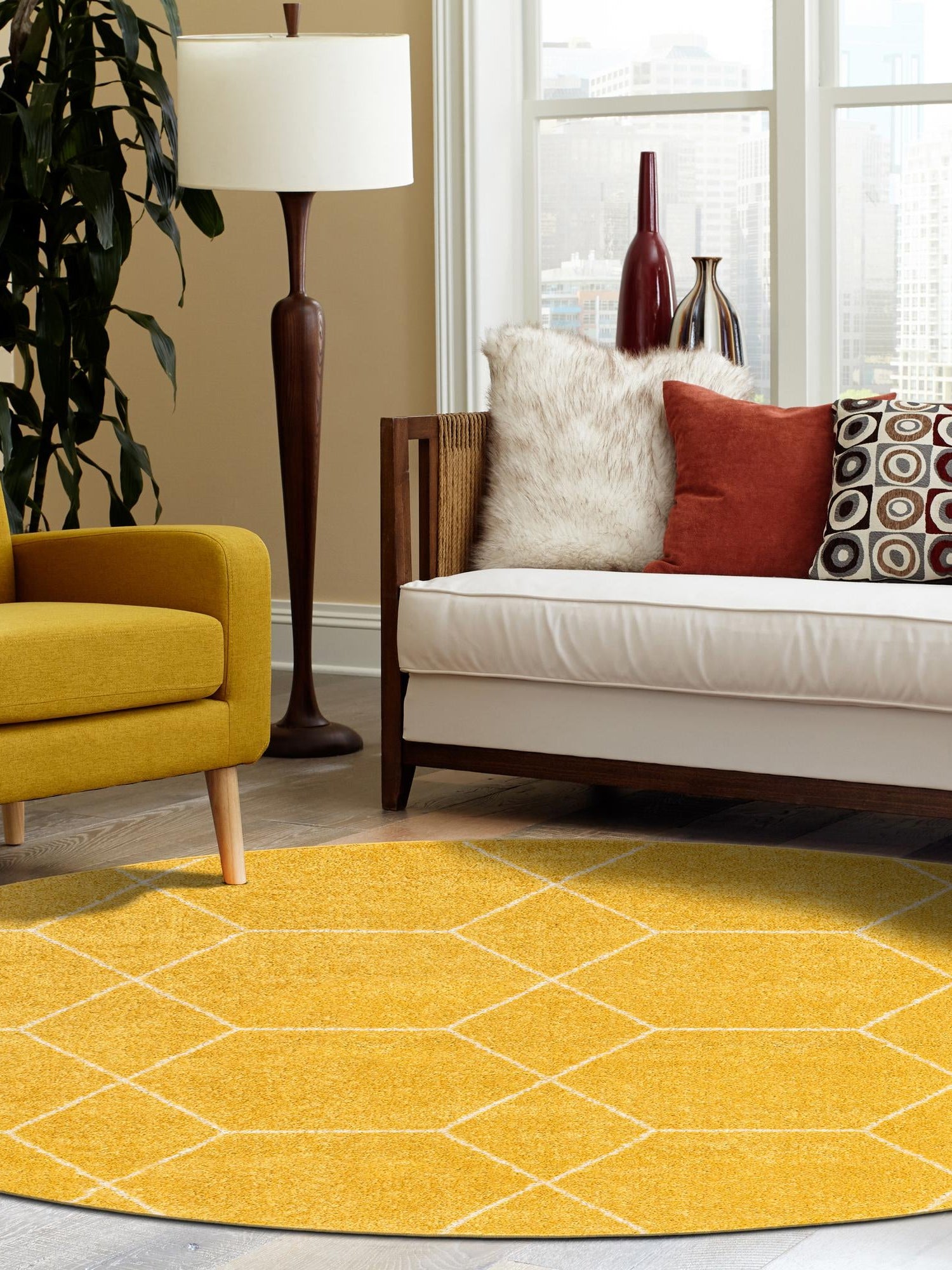 Yellow 4' 1 x 4' 1 Trellis Frieze Round Area Rug Geometric Modern Unique Stain Resistant Easy Clean Carpet for Living, Dining, Bedrooms, Office for Sale at Rug Engine