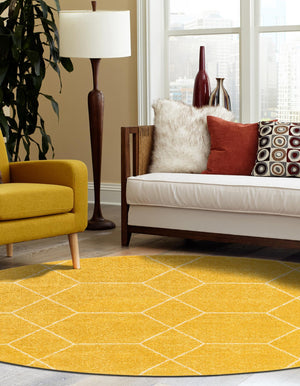 Yellow 4' 1 x 4' 1 Trellis Frieze Round Area Rug Geometric Modern Unique Stain Resistant Easy Clean Carpet for Living, Dining, Bedrooms, Office for Sale at Rug Engine