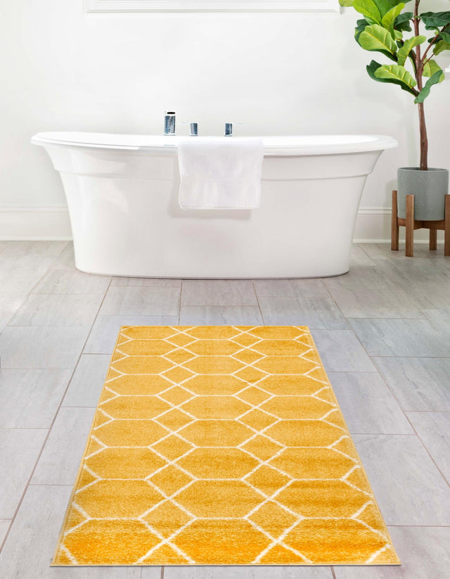 Yellow 2' x 13' 1 Trellis Frieze Runner Area Rug Geometric Modern Unique Stain Resistant Easy Clean Carpet for Living, Dining, Bedrooms, Office for Sale at Rug Engine