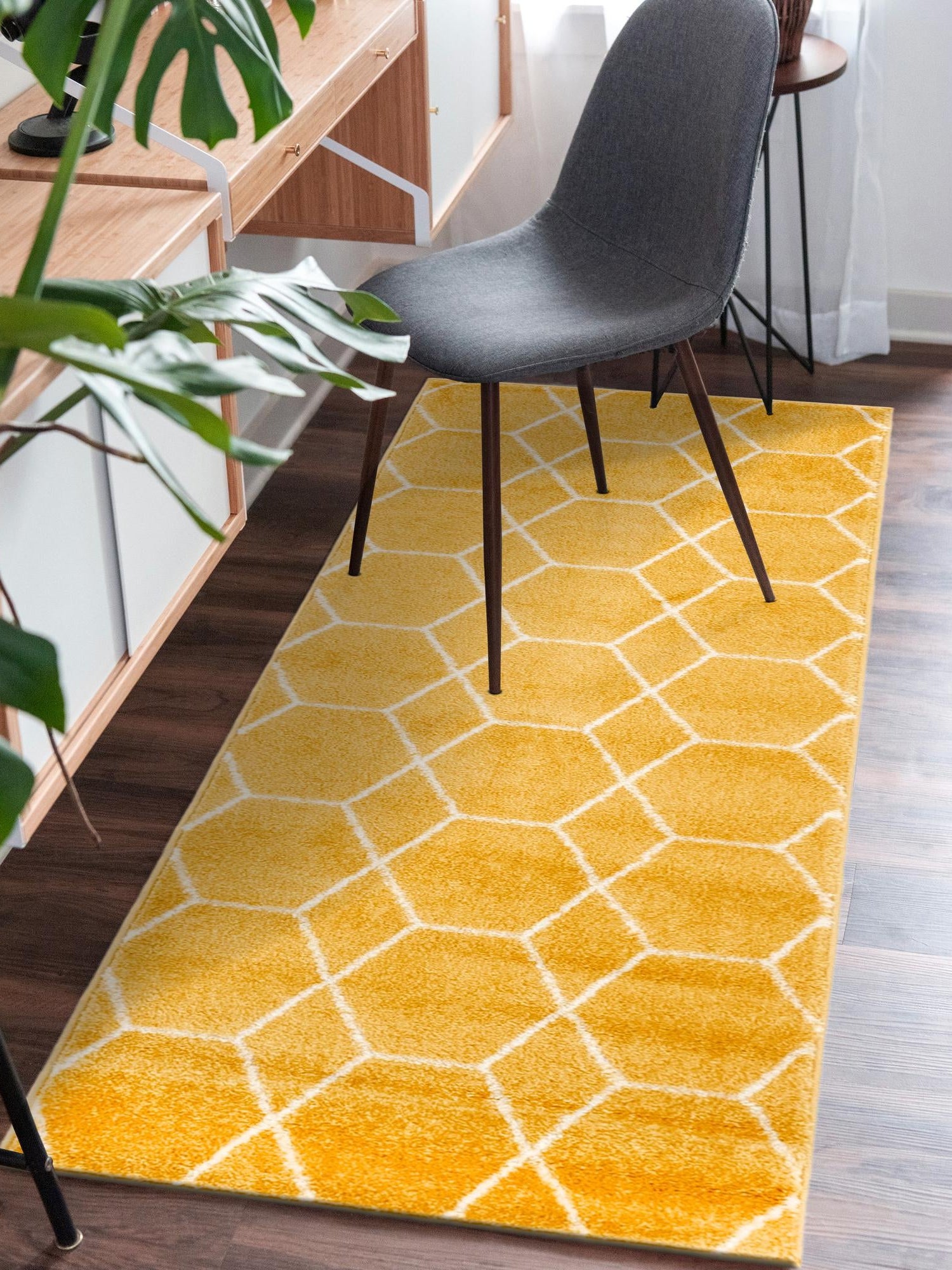 Yellow 2' x 13' 1 Trellis Frieze Runner Area Rug Geometric Modern Unique Stain Resistant Easy Clean Carpet for Living, Dining, Bedrooms, Office for Sale at Rug Engine