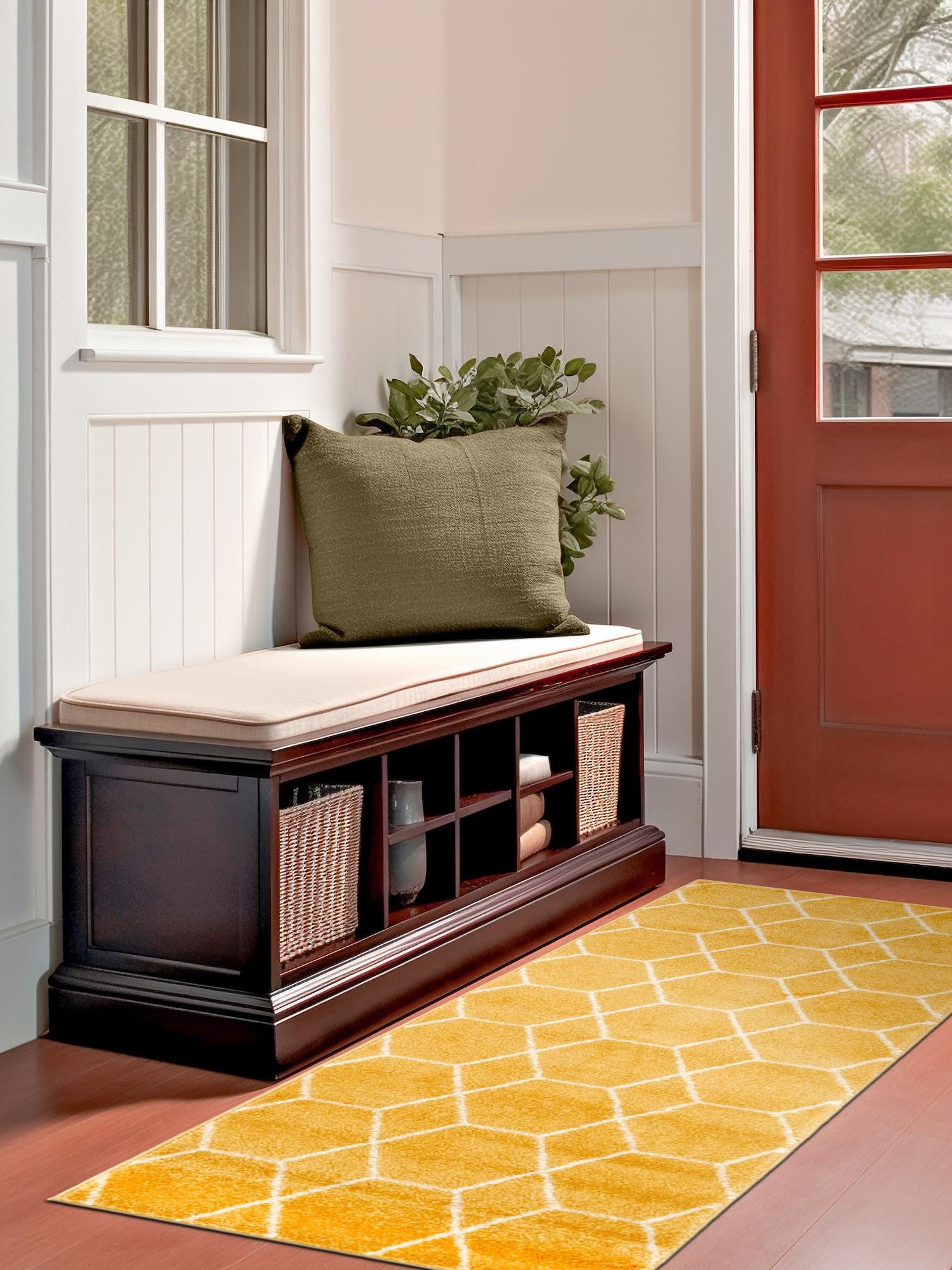 Yellow 2' x 6' 1 Trellis Frieze Runner Area Rug Geometric Modern Unique Stain Resistant Easy Clean Carpet for Living, Dining, Bedrooms, Office for Sale at Rug Engine