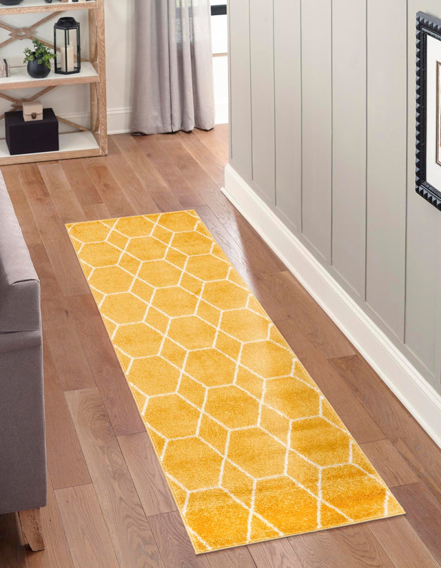 Yellow 2' x 13' 1 Trellis Frieze Runner Area Rug Geometric Modern Unique Stain Resistant Easy Clean Carpet for Living, Dining, Bedrooms, Office for Sale at Rug Engine