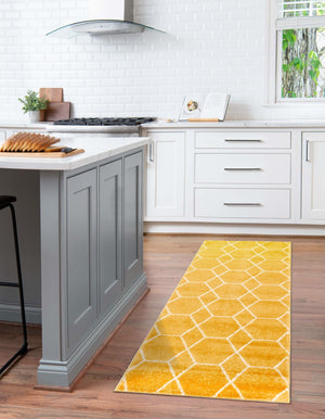 Yellow 2' x 13' 1 Trellis Frieze Runner Area Rug Geometric Modern Unique Stain Resistant Easy Clean Carpet for Living, Dining, Bedrooms, Office for Sale at Rug Engine