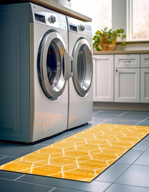Yellow 2' x 13' 1 Trellis Frieze Runner Area Rug Geometric Modern Unique Stain Resistant Easy Clean Carpet for Living, Dining, Bedrooms, Office for Sale at Rug Engine