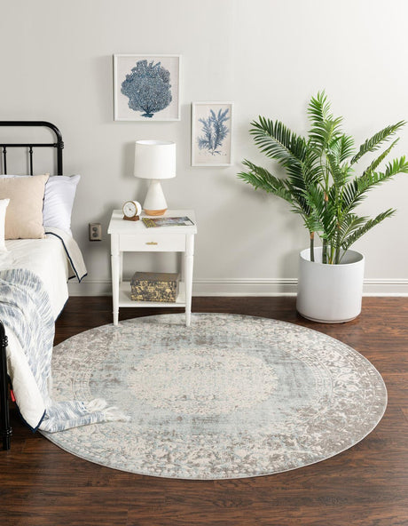 Light Blue 8' x 8' New Classical Round Area Rug 70% Polypropylene & 30% Polyester Traditional Vintage Distressed Carpet for Interior Design Home Decor for Sale at Rug Engine