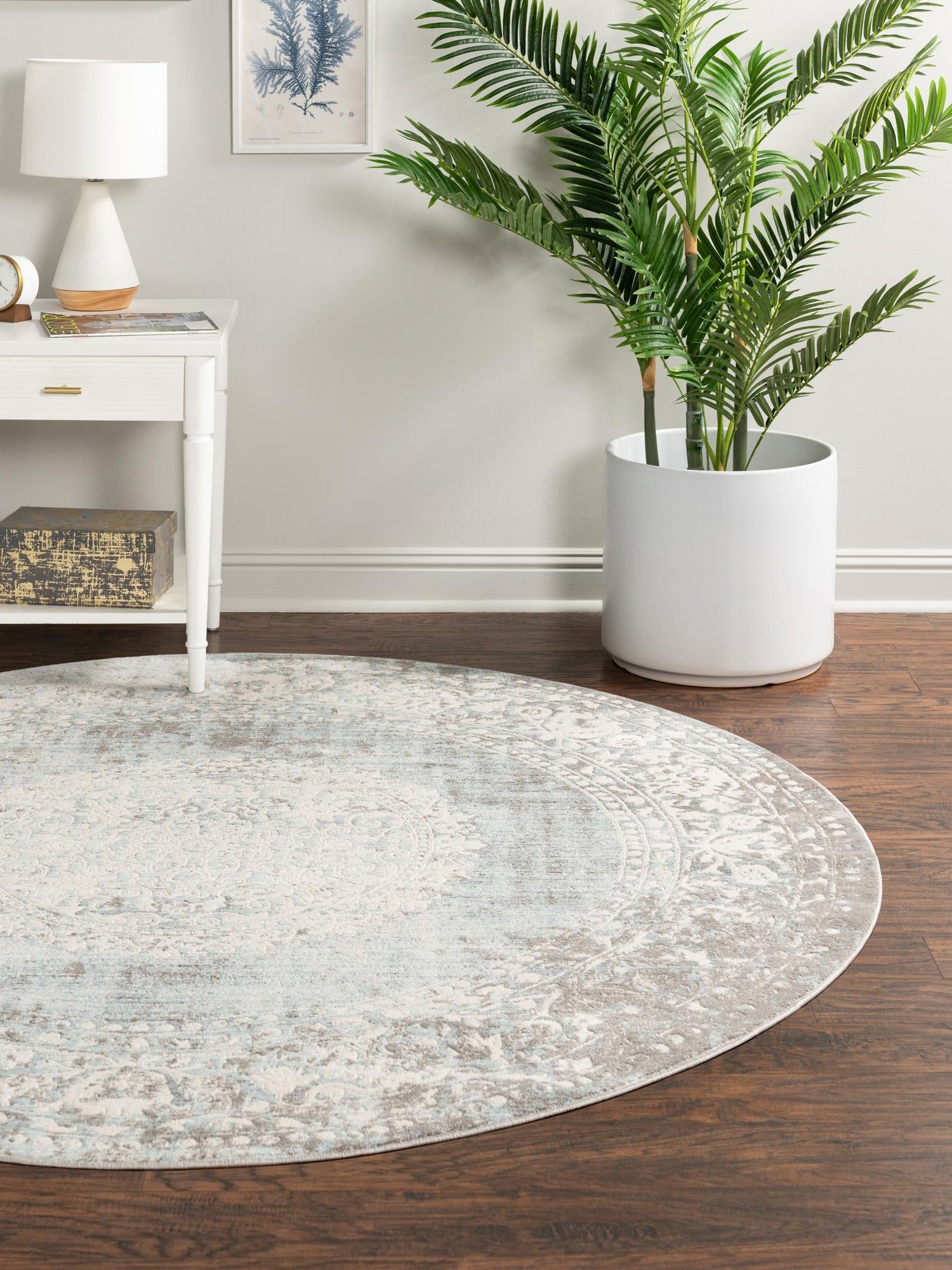 Light Blue 8' x 8' New Classical Round Area Rug 70% Polypropylene & 30% Polyester Traditional Vintage Distressed Carpet for Interior Design Home Decor for Sale at Rug Engine