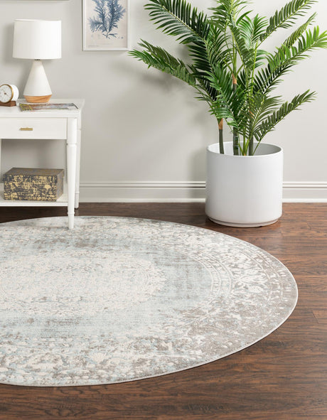 Light Blue 8' x 8' New Classical Round Area Rug 70% Polypropylene & 30% Polyester Traditional Vintage Distressed Carpet for Interior Design Home Decor for Sale at Rug Engine