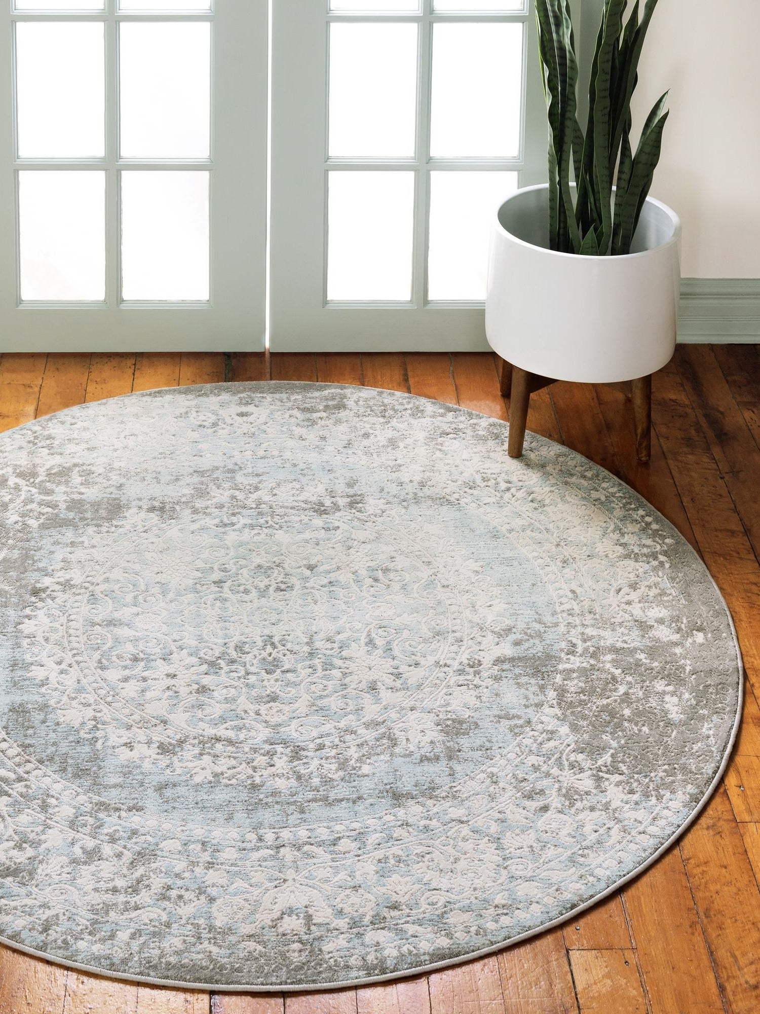 Light Blue 8' x 8' New Classical Round Area Rug 70% Polypropylene & 30% Polyester Traditional Vintage Distressed Carpet for Interior Design Home Decor for Sale at Rug Engine