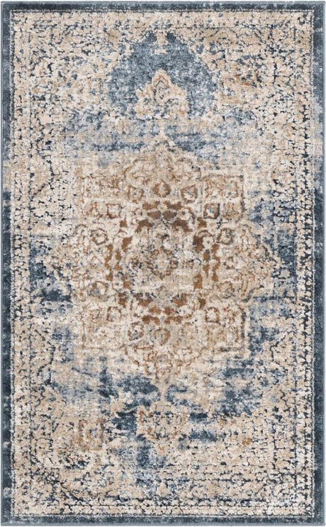 Dark Blue 2' x 3' 1 Chateau Rectangle Area Rug 85% Polypropylene & 15% Chenille With Cotton Backing Traditional Vintage Distressed Carpet for Classical Interior Design Decorating for Sale at Rug Engine