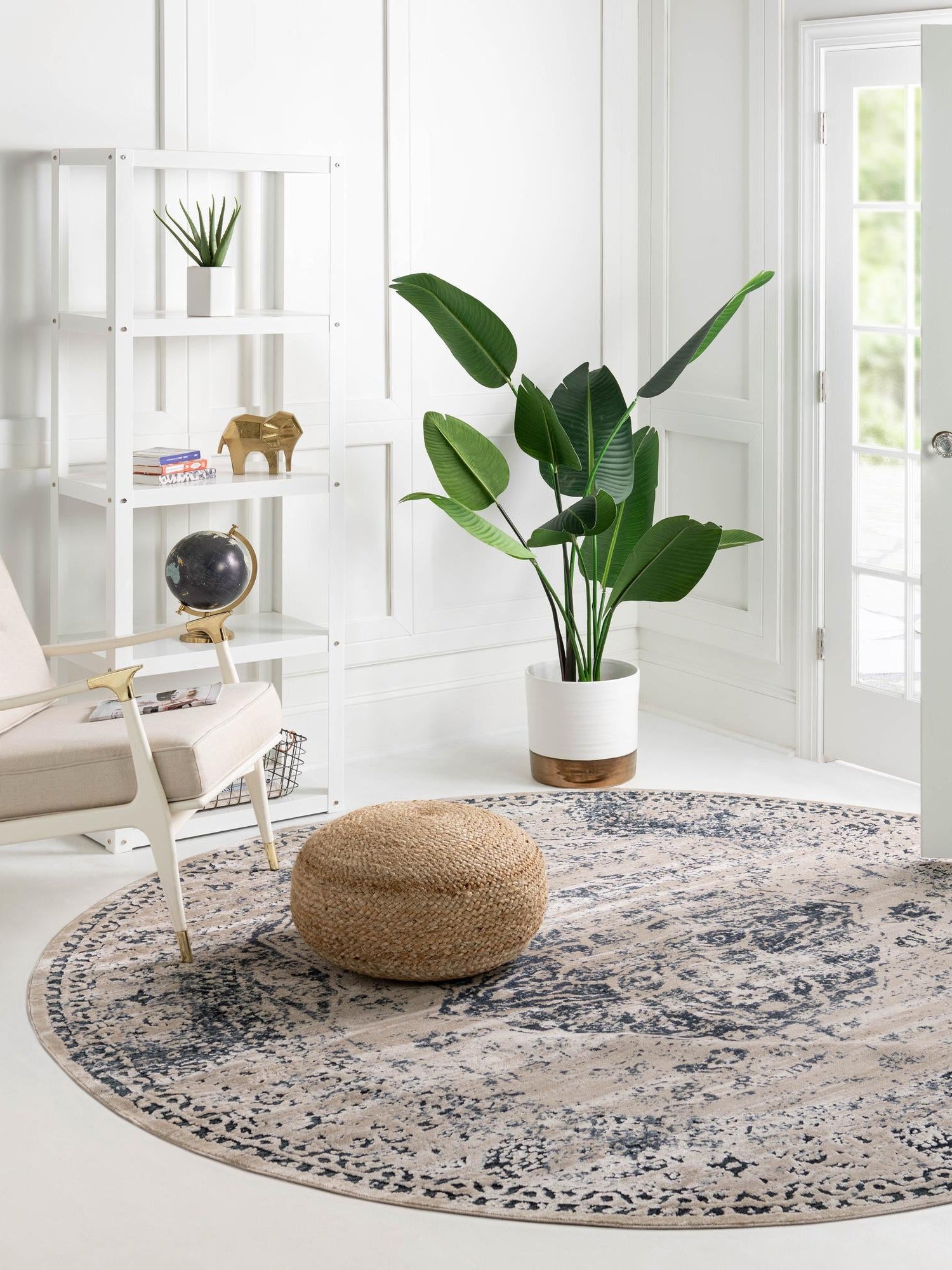 Dark Blue 7' 1 x 7' 1 Chateau Round Area Rug 85% Polypropylene & 15% Chenille With Cotton Backing Traditional Vintage Distressed Carpet for Classical Interior Design Decorating for Sale at Rug Engine