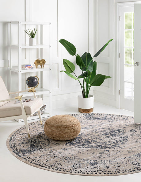 Dark Blue 6' 1 x 6' 1 Chateau Round Area Rug 85% Polypropylene & 15% Chenille With Cotton Backing Traditional Vintage Distressed Carpet for Classical Interior Design Decorating for Sale at Rug Engine