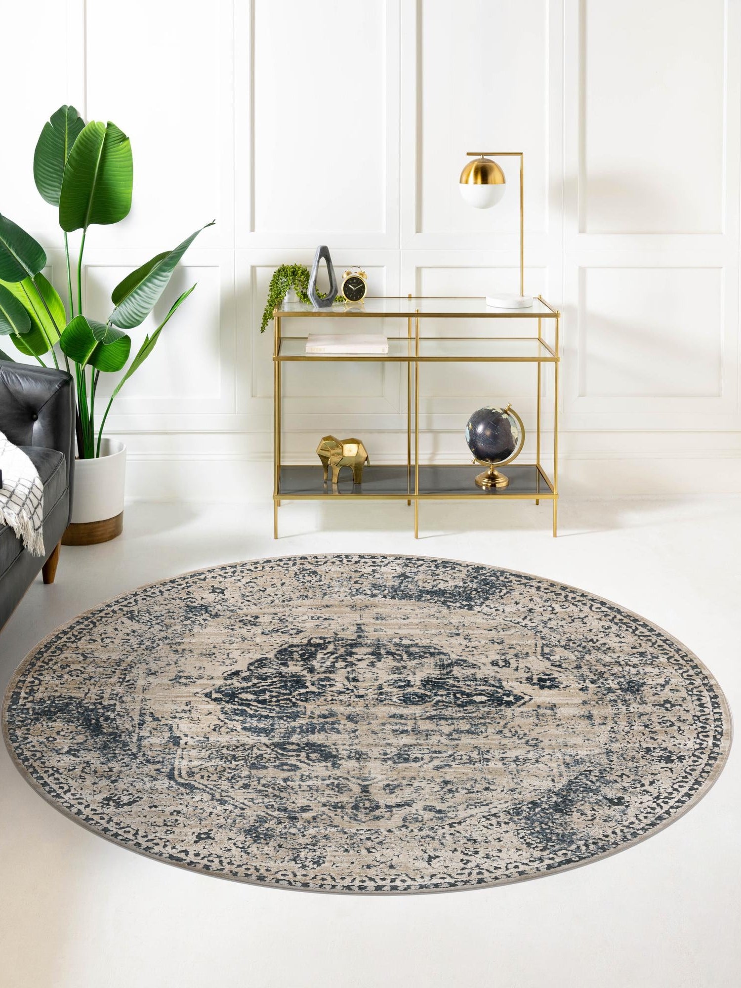 Dark Blue 3' 1 x 3' 1 Chateau Round Area Rug 85% Polypropylene & 15% Chenille With Cotton Backing Traditional Vintage Distressed Carpet for Classical Interior Design Decorating for Sale at Rug Engine