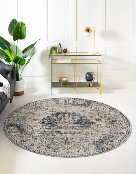 Dark Blue 7' 1 x 7' 1 Chateau Round Area Rug 85% Polypropylene & 15% Chenille With Cotton Backing Traditional Vintage Distressed Carpet for Classical Interior Design Decorating for Sale at Rug Engine