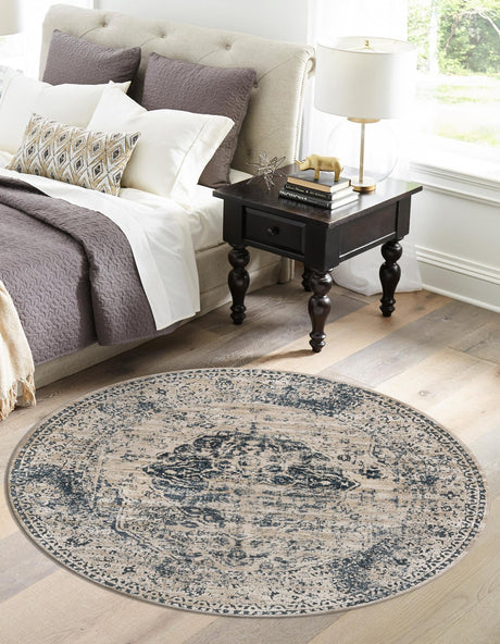 Dark Blue 7' 10 x 7' 10 Chateau Round Area Rug 85% Polypropylene & 15% Chenille With Cotton Backing Traditional Vintage Distressed Carpet for Classical Interior Design Decorating for Sale at Rug Engine
