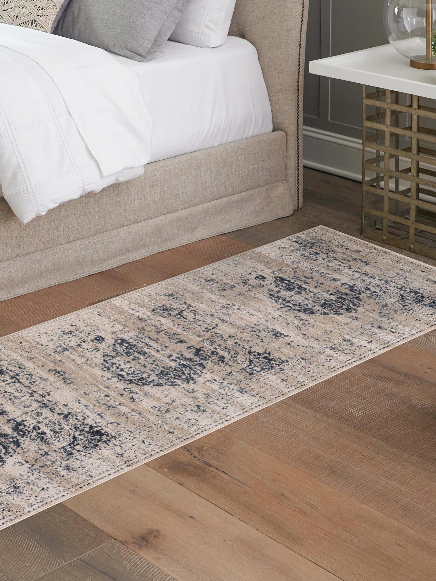 Dark Blue 2' x 6' 9 Chateau Runner Area Rug 85% Polypropylene & 15% Chenille With Cotton Backing Traditional Vintage Distressed Carpet for Classical Interior Design Decorating for Sale at Rug Engine