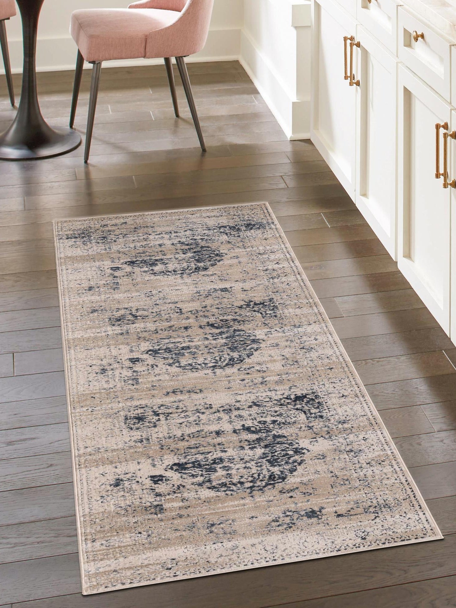 Dark Blue 2' 7 x 10' Chateau Runner Area Rug 85% Polypropylene & 15% Chenille With Cotton Backing Traditional Vintage Distressed Carpet for Classical Interior Design Decorating for Sale at Rug Engine