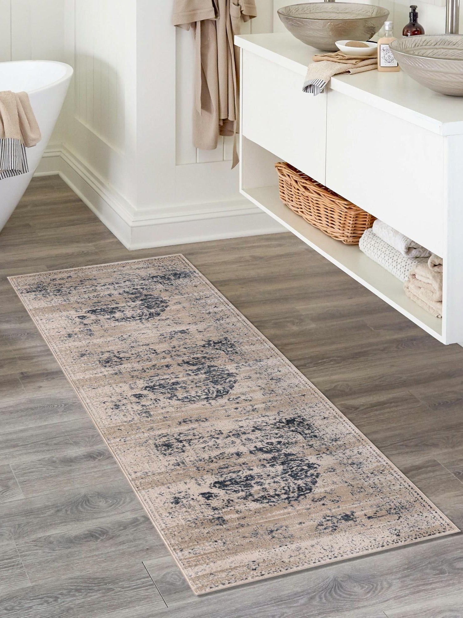 Dark Blue 3' 1 x 13' 1 Chateau Runner Area Rug 85% Polypropylene & 15% Chenille With Cotton Backing Traditional Vintage Distressed Carpet for Classical Interior Design Decorating for Sale at Rug Engine