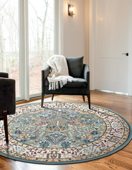 Blue 6' 1 x 6' 1 Narenj Round Area Rug 85% Polypropylene & 15% Polyester Traditional Classic Carpet for Living, Dining, Bedrooms, Office for Sale at Rug Engine