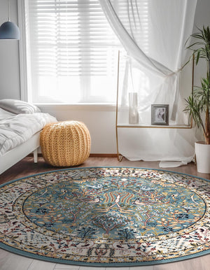 Blue 6' 1 x 6' 1 Narenj Round Area Rug 85% Polypropylene & 15% Polyester Traditional Classic Carpet for Living, Dining, Bedrooms, Office for Sale at Rug Engine