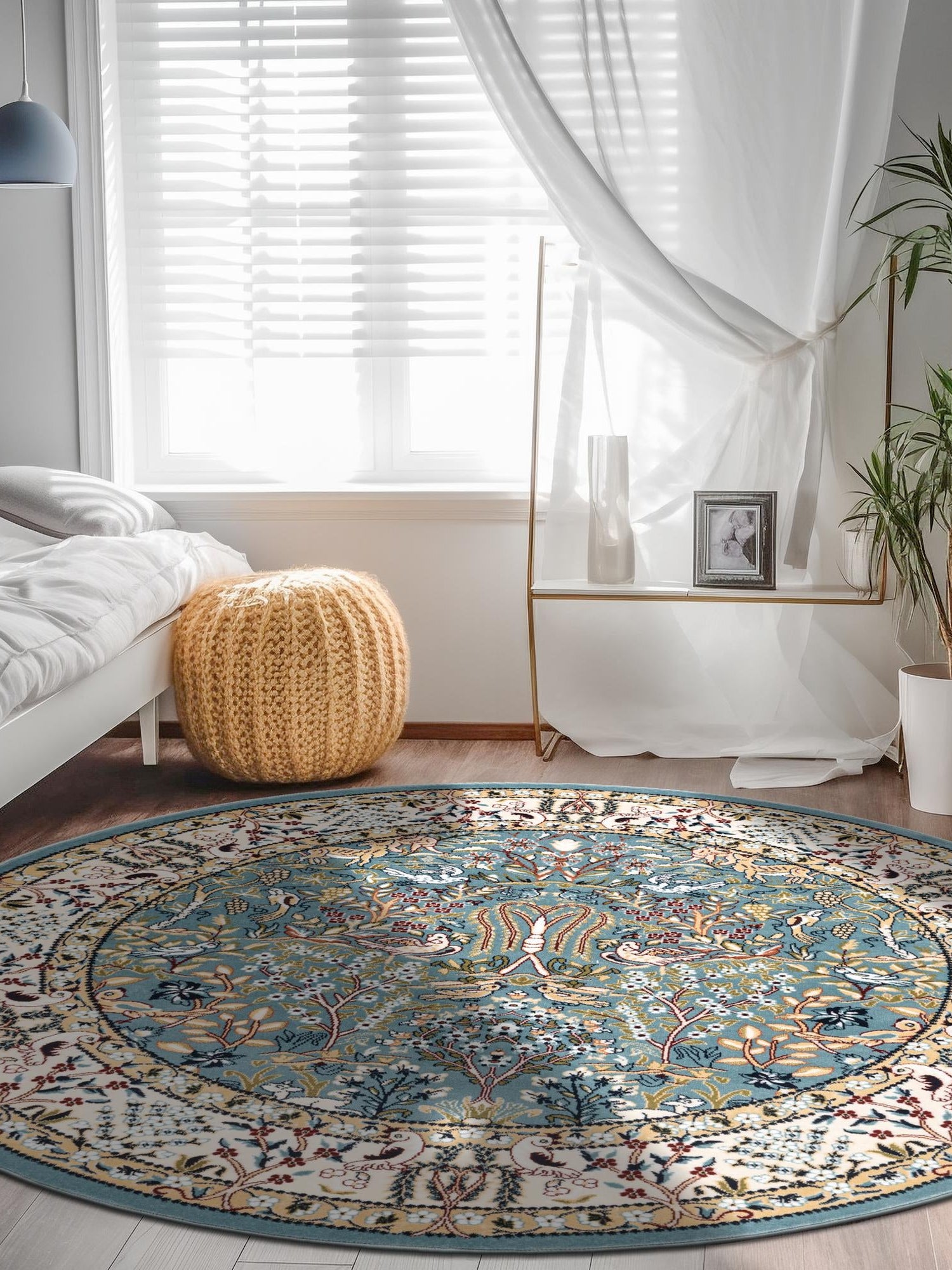 Blue 4' 1 x 4' 1 Narenj Round Area Rug 85% Polypropylene & 15% Polyester Traditional Classic Carpet for Living, Dining, Bedrooms, Office for Sale at Rug Engine