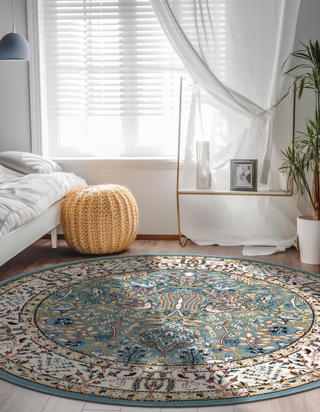 Blue 7' 10 x 8' Narenj Round Area Rug 85% Polypropylene & 15% Polyester Traditional Classic Carpet for Living, Dining, Bedrooms, Office for Sale at Rug Engine
