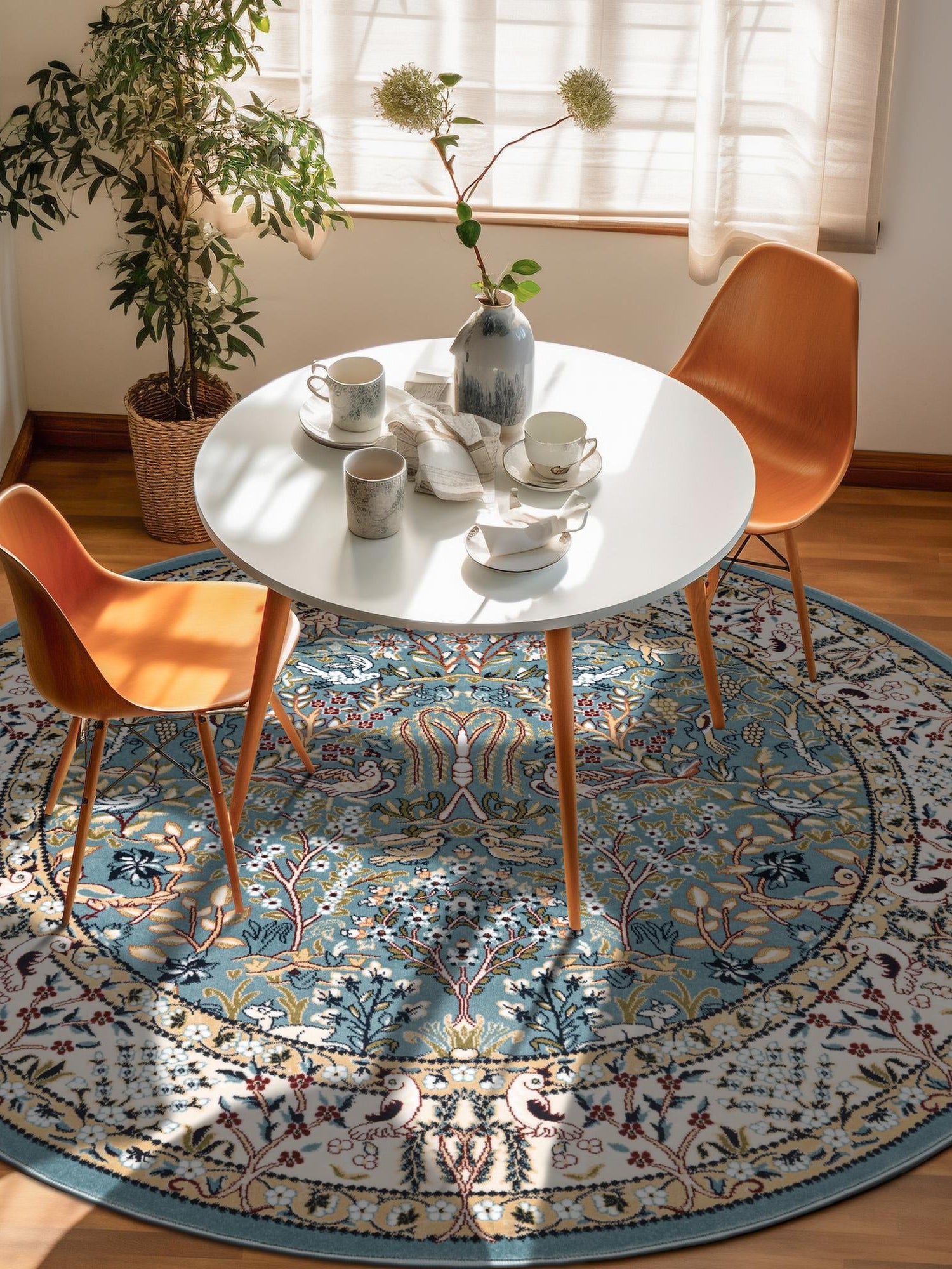 Blue 7' 1 x 7' 1 Narenj Round Area Rug 85% Polypropylene & 15% Polyester Traditional Classic Carpet for Living, Dining, Bedrooms, Office for Sale at Rug Engine