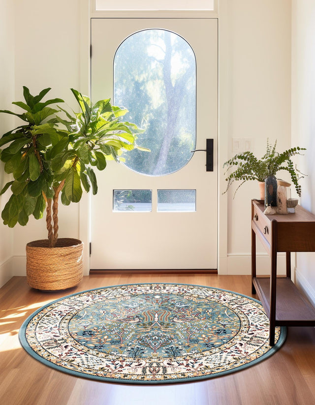 Blue 5' 3 x 5' 3 Narenj Round Area Rug 85% Polypropylene & 15% Polyester Traditional Classic Carpet for Living, Dining, Bedrooms, Office for Sale at Rug Engine