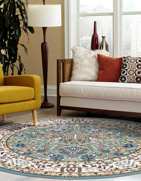 Blue 6' 1 x 6' 1 Narenj Round Area Rug 85% Polypropylene & 15% Polyester Traditional Classic Carpet for Living, Dining, Bedrooms, Office for Sale at Rug Engine