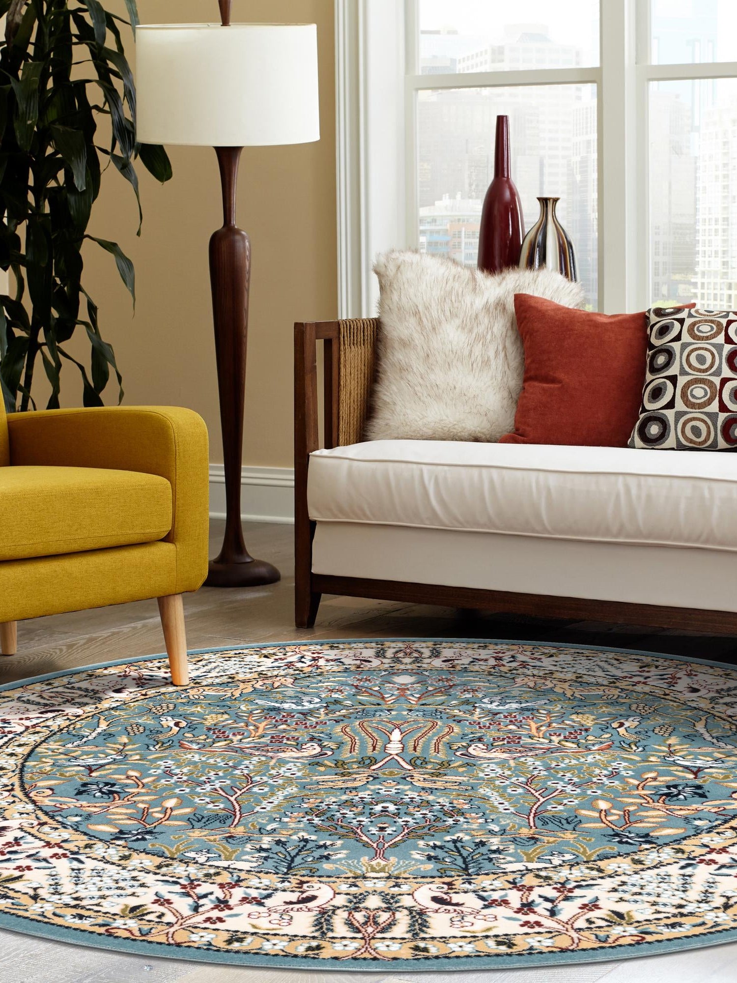 Blue 4' 1 x 4' 1 Narenj Round Area Rug 85% Polypropylene & 15% Polyester Traditional Classic Carpet for Living, Dining, Bedrooms, Office for Sale at Rug Engine