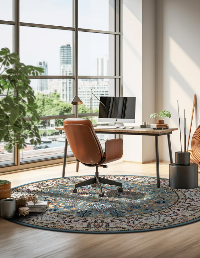 Blue 10' x 10' Narenj Round Area Rug 85% Polypropylene & 15% Polyester Traditional Classic Carpet for Living, Dining, Bedrooms, Office for Sale at Rug Engine