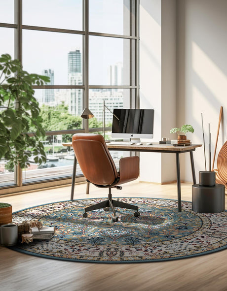 Blue 6' 1 x 6' 1 Narenj Round Area Rug 85% Polypropylene & 15% Polyester Traditional Classic Carpet for Living, Dining, Bedrooms, Office for Sale at Rug Engine