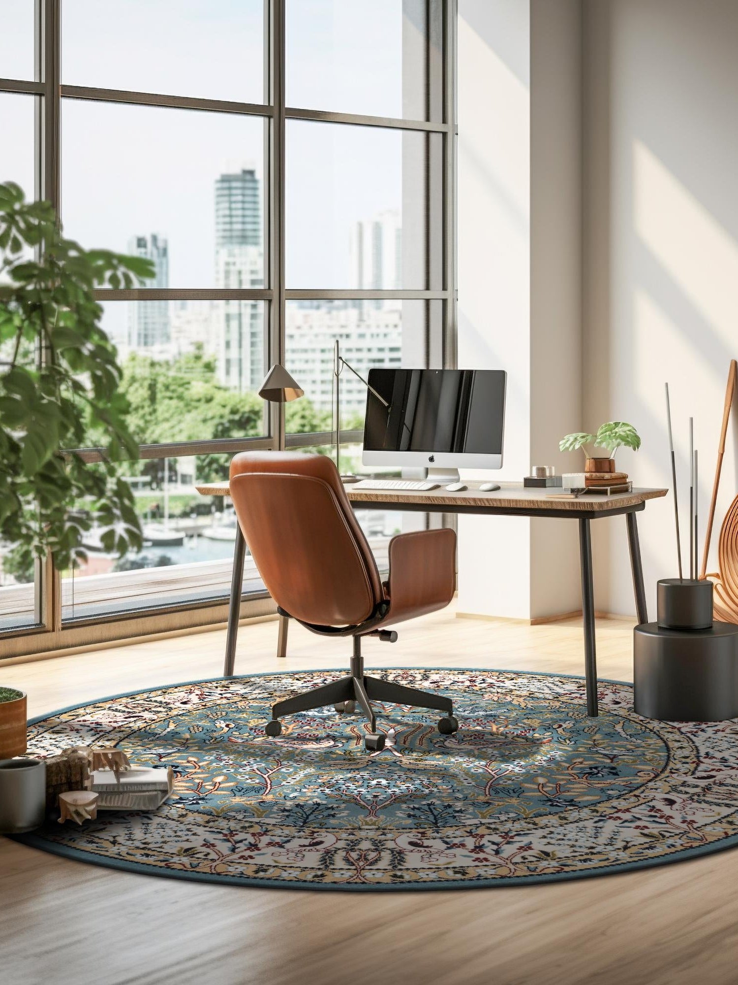 Blue 3' 1 x 3' 1 Narenj Round Area Rug 85% Polypropylene & 15% Polyester Traditional Classic Carpet for Living, Dining, Bedrooms, Office for Sale at Rug Engine