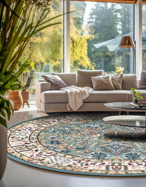 Blue 7' 1 x 7' 1 Narenj Round Area Rug 85% Polypropylene & 15% Polyester Traditional Classic Carpet for Living, Dining, Bedrooms, Office for Sale at Rug Engine