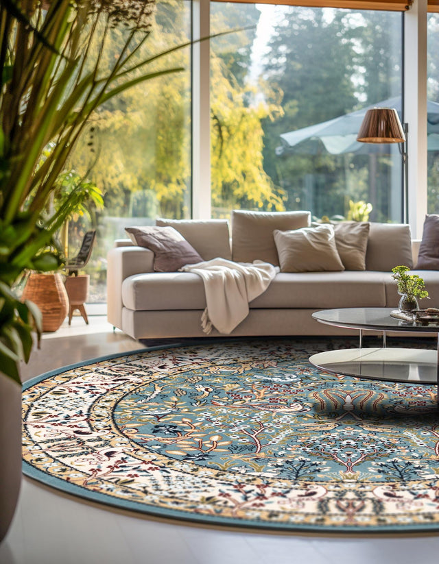 Blue 7' 1 x 7' 1 Narenj Round Area Rug 85% Polypropylene & 15% Polyester Traditional Classic Carpet for Living, Dining, Bedrooms, Office for Sale at Rug Engine