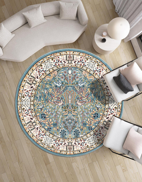 Blue 5' 3 x 5' 3 Narenj Round Area Rug 85% Polypropylene & 15% Polyester Traditional Classic Carpet for Living, Dining, Bedrooms, Office for Sale at Rug Engine