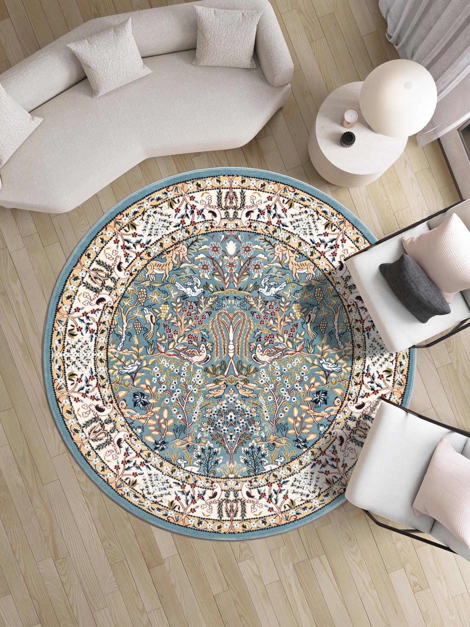 Blue 7' 1 x 7' 1 Narenj Round Area Rug 85% Polypropylene & 15% Polyester Traditional Classic Carpet for Living, Dining, Bedrooms, Office for Sale at Rug Engine