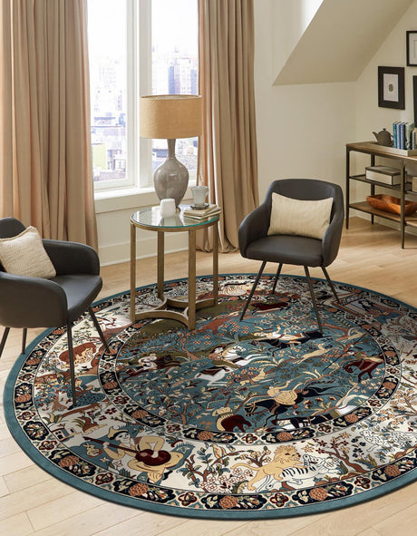 Blue 10' x 10' Narenj Round Area Rug 85% Polypropylene & 15% Polyester Traditional Classic Carpet for Living, Dining, Bedrooms, Office for Sale at Rug Engine