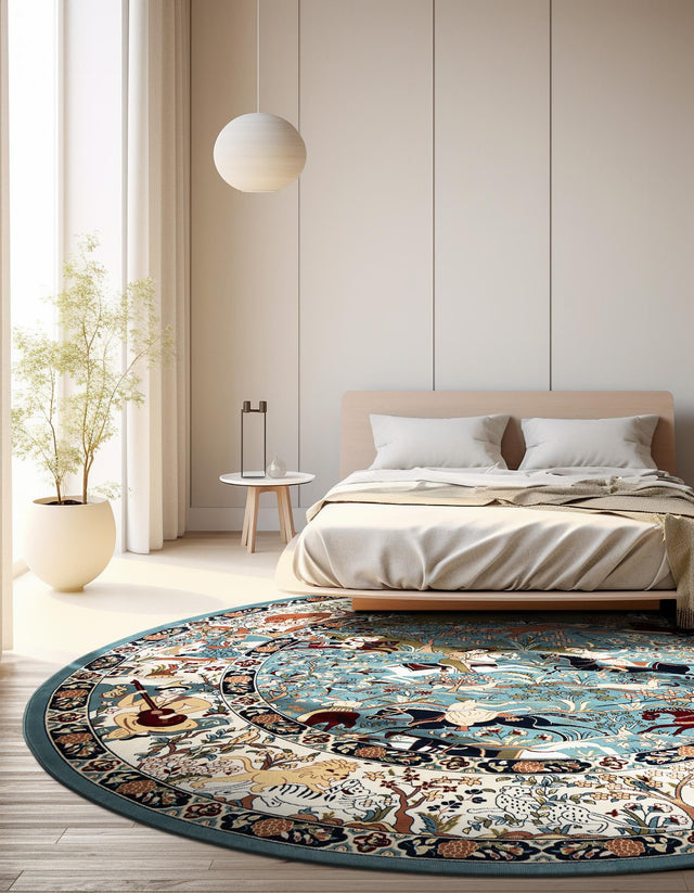 Blue 3' 1 x 3' 1 Narenj Round Area Rug 85% Polypropylene & 15% Polyester Traditional Classic Carpet for Living, Dining, Bedrooms, Office for Sale at Rug Engine