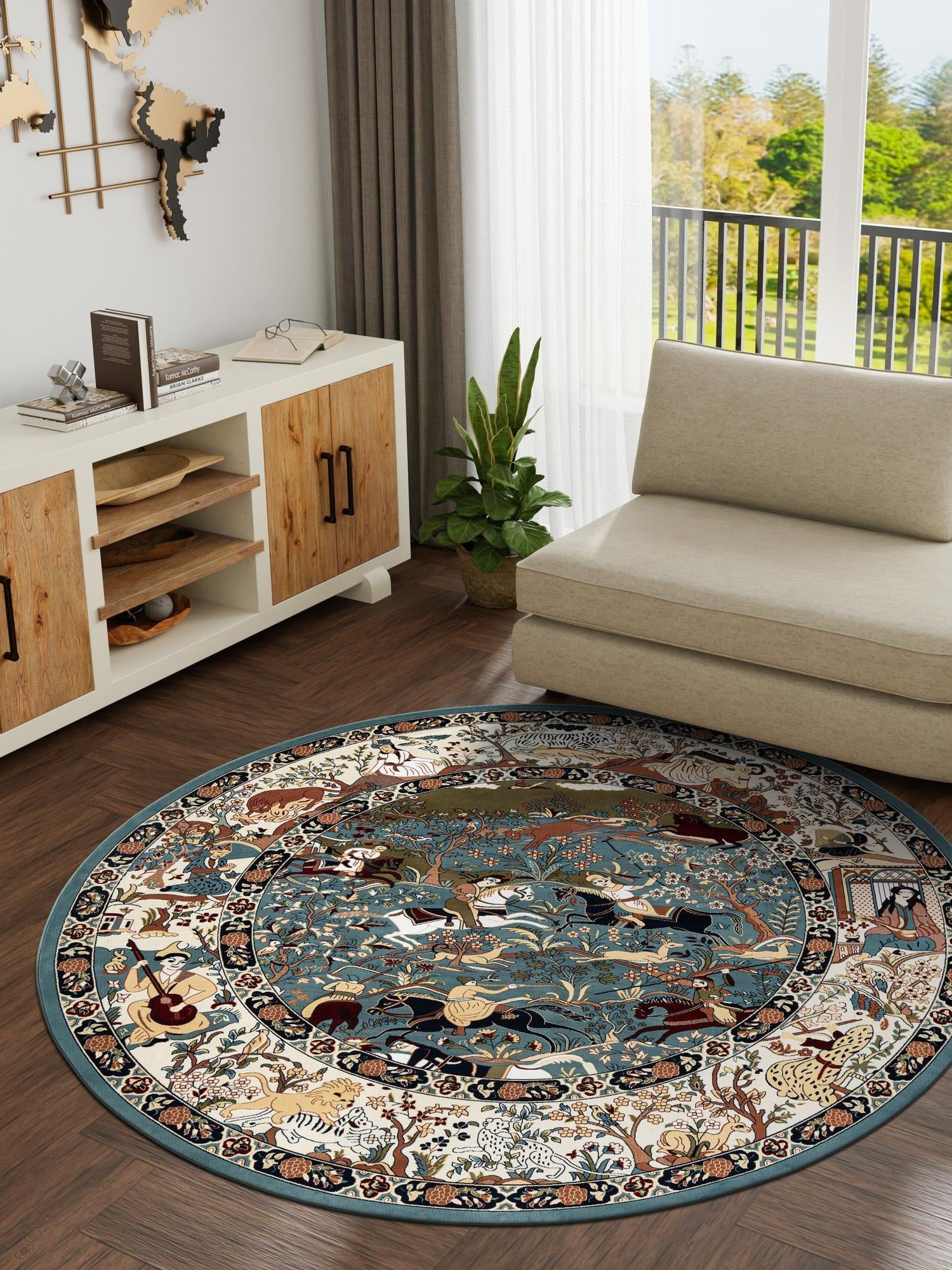 Blue 7' 10 x 7' 10 Narenj Round Area Rug 85% Polypropylene & 15% Polyester Traditional Classic Carpet for Living, Dining, Bedrooms, Office for Sale at Rug Engine