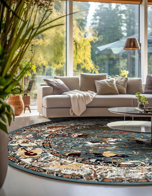 Blue 5' 3 x 5' 3 Narenj Round Area Rug 85% Polypropylene & 15% Polyester Traditional Classic Carpet for Living, Dining, Bedrooms, Office for Sale at Rug Engine
