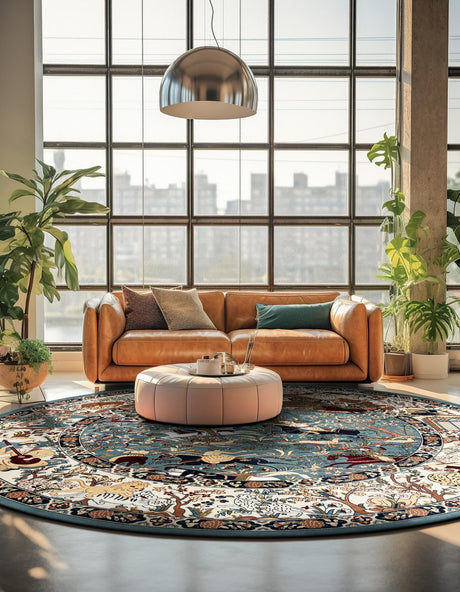Blue 5' 3 x 5' 3 Narenj Round Area Rug 85% Polypropylene & 15% Polyester Traditional Classic Carpet for Living, Dining, Bedrooms, Office for Sale at Rug Engine