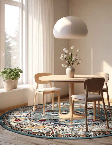 Blue 3' 1 x 3' 1 Narenj Round Area Rug 85% Polypropylene & 15% Polyester Traditional Classic Carpet for Living, Dining, Bedrooms, Office for Sale at Rug Engine