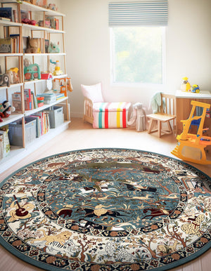 Blue 5' 3 x 5' 3 Narenj Round Area Rug 85% Polypropylene & 15% Polyester Traditional Classic Carpet for Living, Dining, Bedrooms, Office for Sale at Rug Engine