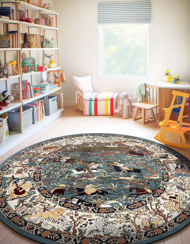 Blue 5' 3 x 5' 3 Narenj Round Area Rug 85% Polypropylene & 15% Polyester Traditional Classic Carpet for Living, Dining, Bedrooms, Office for Sale at Rug Engine