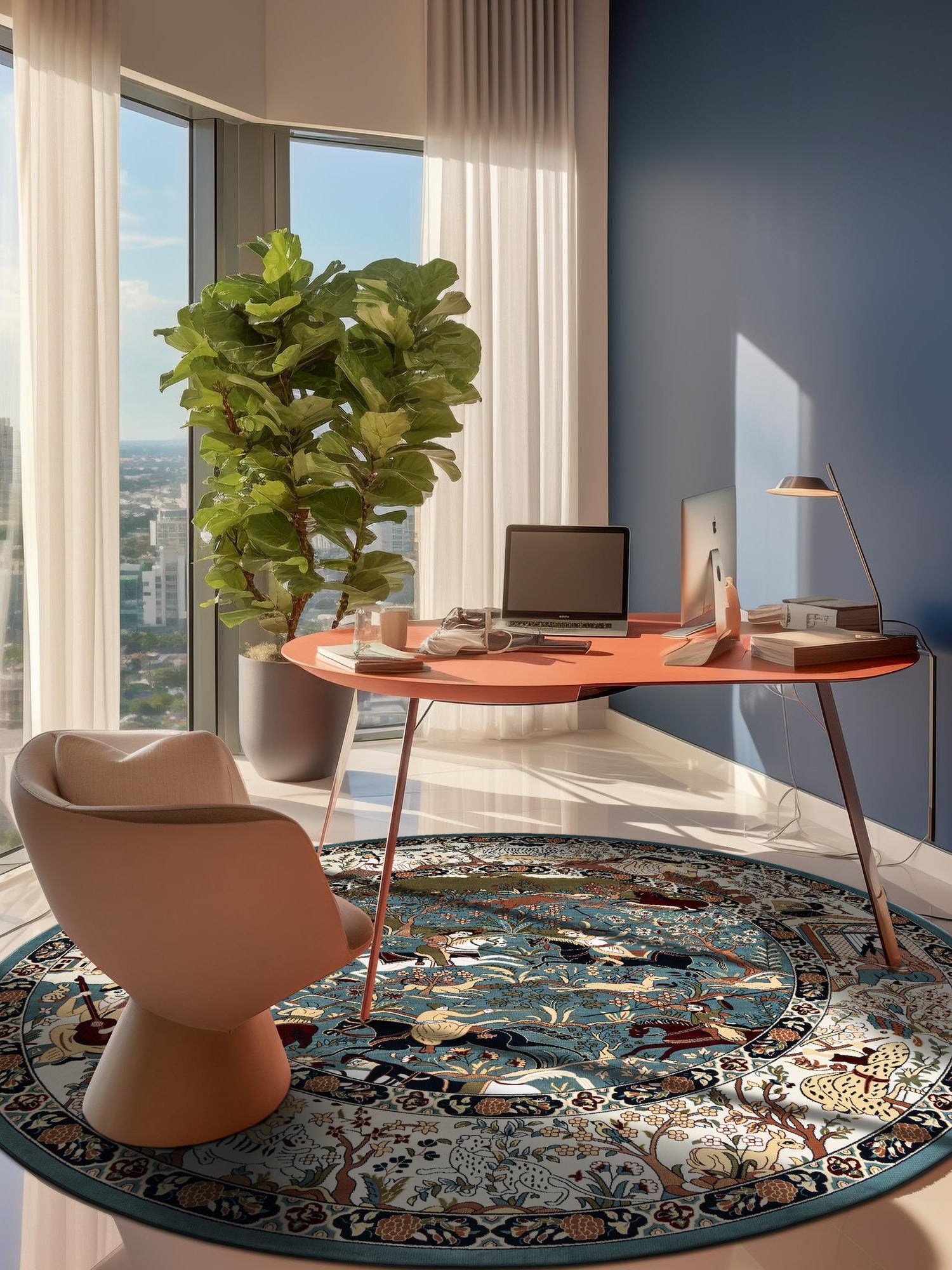 Blue 7' 10 x 7' 10 Narenj Round Area Rug 85% Polypropylene & 15% Polyester Traditional Classic Carpet for Living, Dining, Bedrooms, Office for Sale at Rug Engine